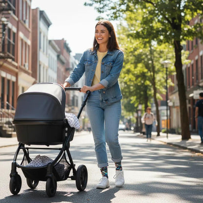 Woman pushing a stroller on a city street - Momma Magic beautiful momma colorful baby joy women's socks by Zeblismapo