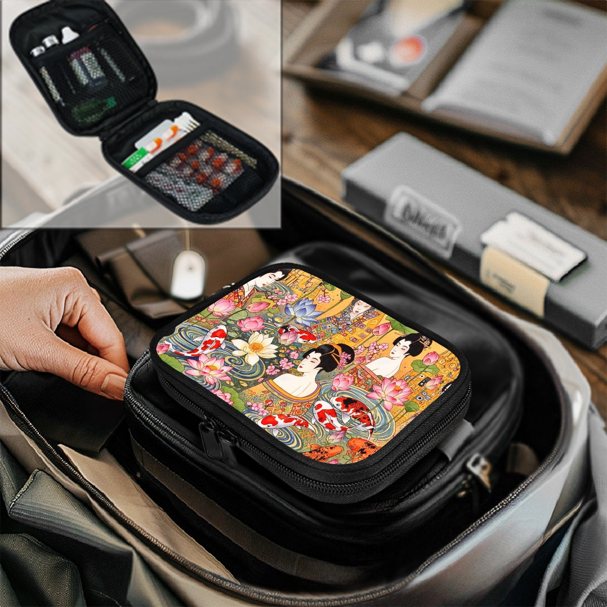 Small pouch with a colorful design of women and flowers, placed inside an open bag.