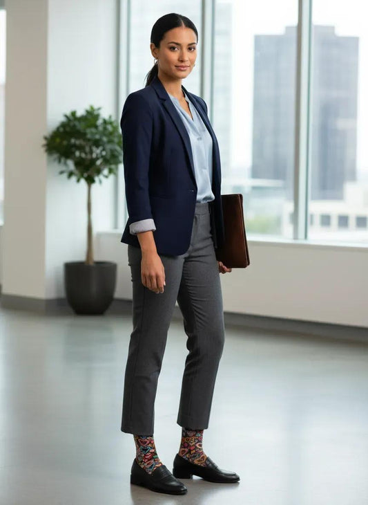 Woman in professional attire standing in a modern office setting - Sassy Classy Little Bit Bad-Assy hearts women's socks by Zeblismapo