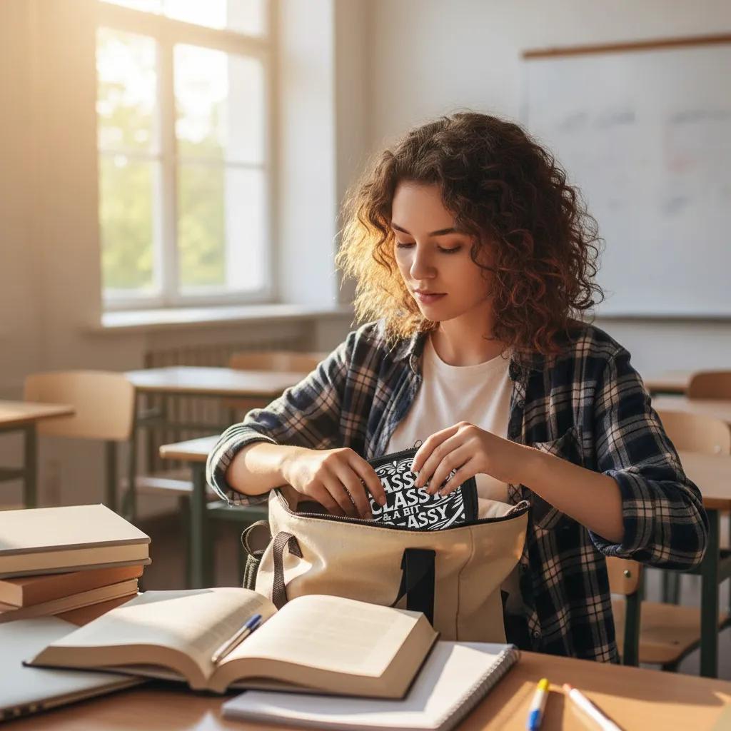 Woman in class taking out case for pens and pencils