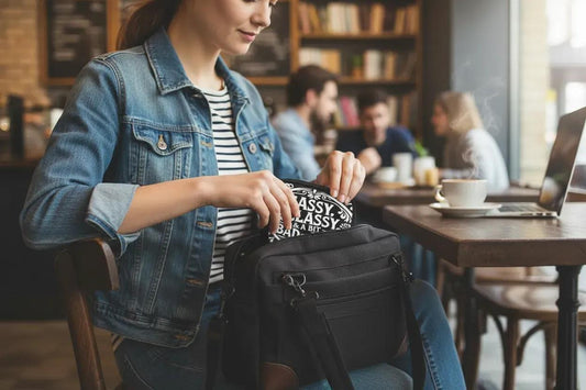 Woman at coffee shop taking out case