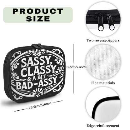 Black pouch with 'Sassy Classy & A Bit Bad-Assy' text, showing product size and features.