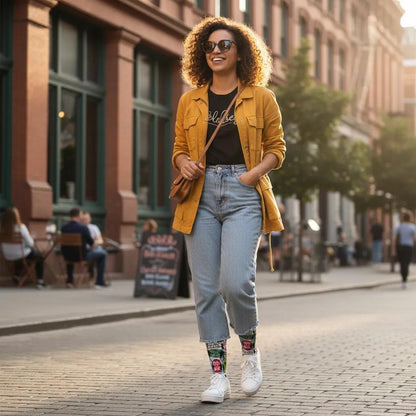 Woman in yellow jacket and blue jeans walking on a city street - Sassy classy women's fun socks gift idea by Zeblismapo