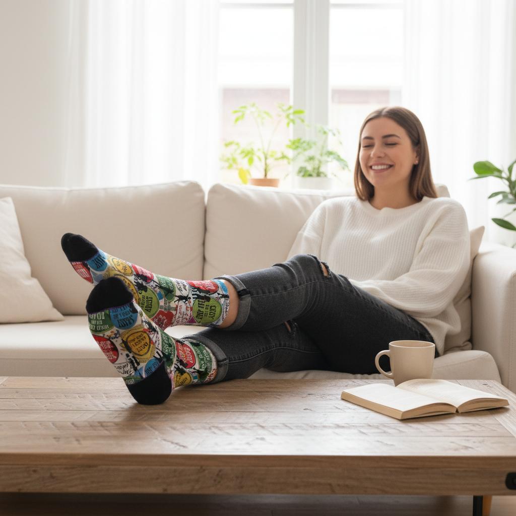 Woman relaxing on a couch with colorful socks, book, and coffee cup.