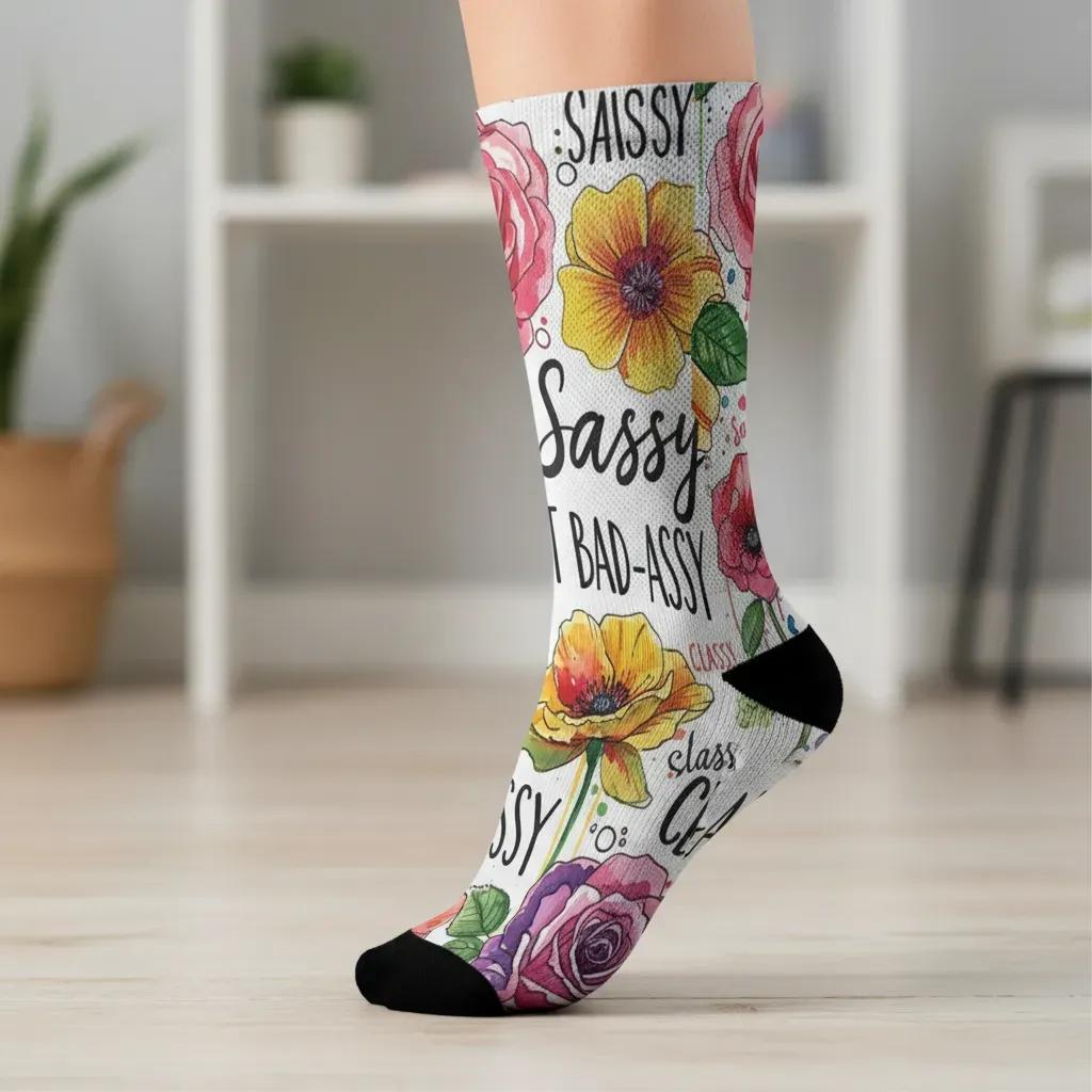 Sassy floral socks with colorful flowers and text on a white background. - Sassy floral socks gift idea for women by Zeblismapo"