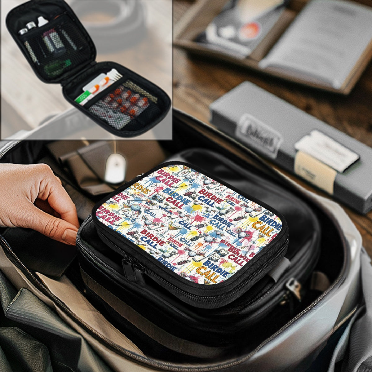 Small pouch with colorful design held by a hand, placed inside a bag.