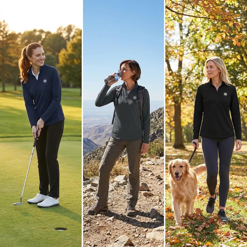 Three women are shown outdoors in a three-panel collage, each wearing a matching dark quarter-zip performance pullover and leggings set. The left panel shows her on a golf course with a club, the middle shows her hiking on a trail drinking water, and the right shows her walking a golden retriever dog through autumn leaves.