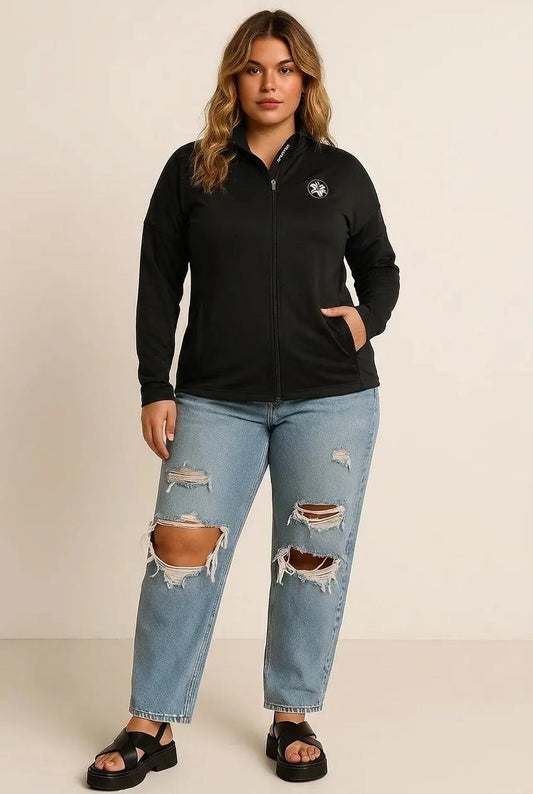 Tiger Lily Collection women's black full zip travel jacket by Zeblismapo - wearing jacke  and jeans