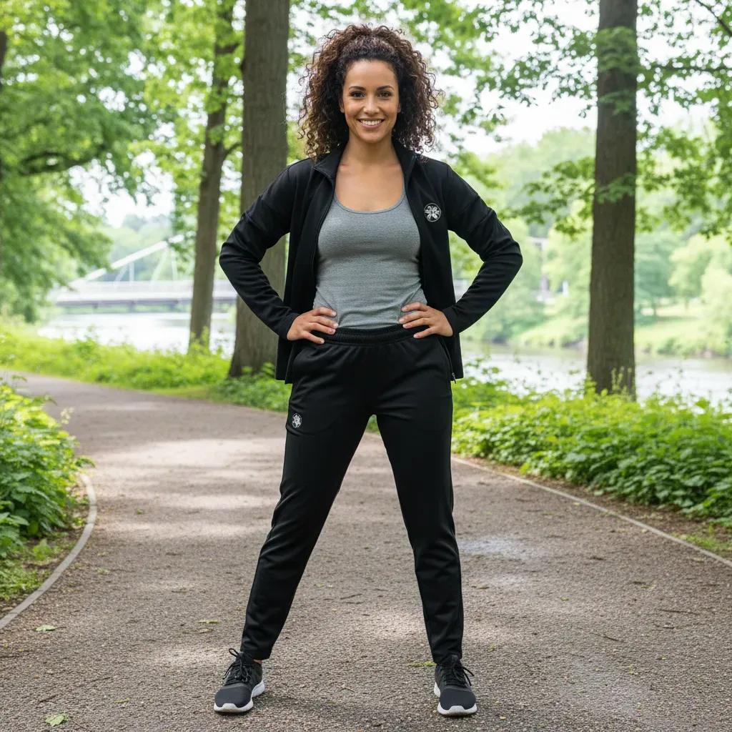 Woman in athletic wear standing on a path in a park