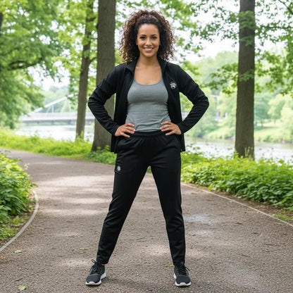 Woman in athletic wear standing on a path in a park