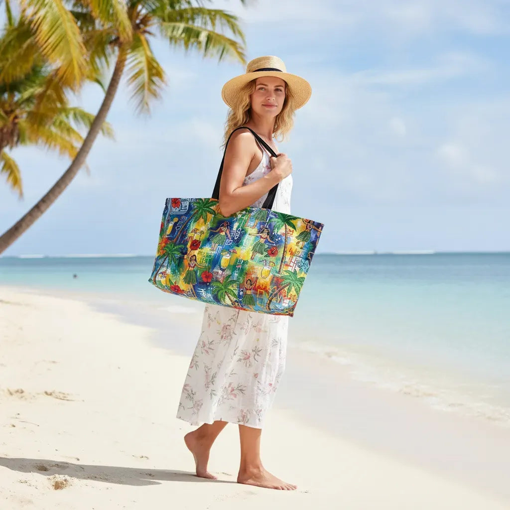 Woman holding a colorful beach bag on a tropical beach - Tropical hula dancer weekender tote bag side view by Zeblismapo