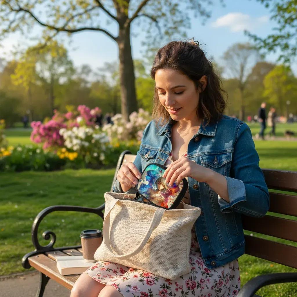 Woman getting travel case in the park