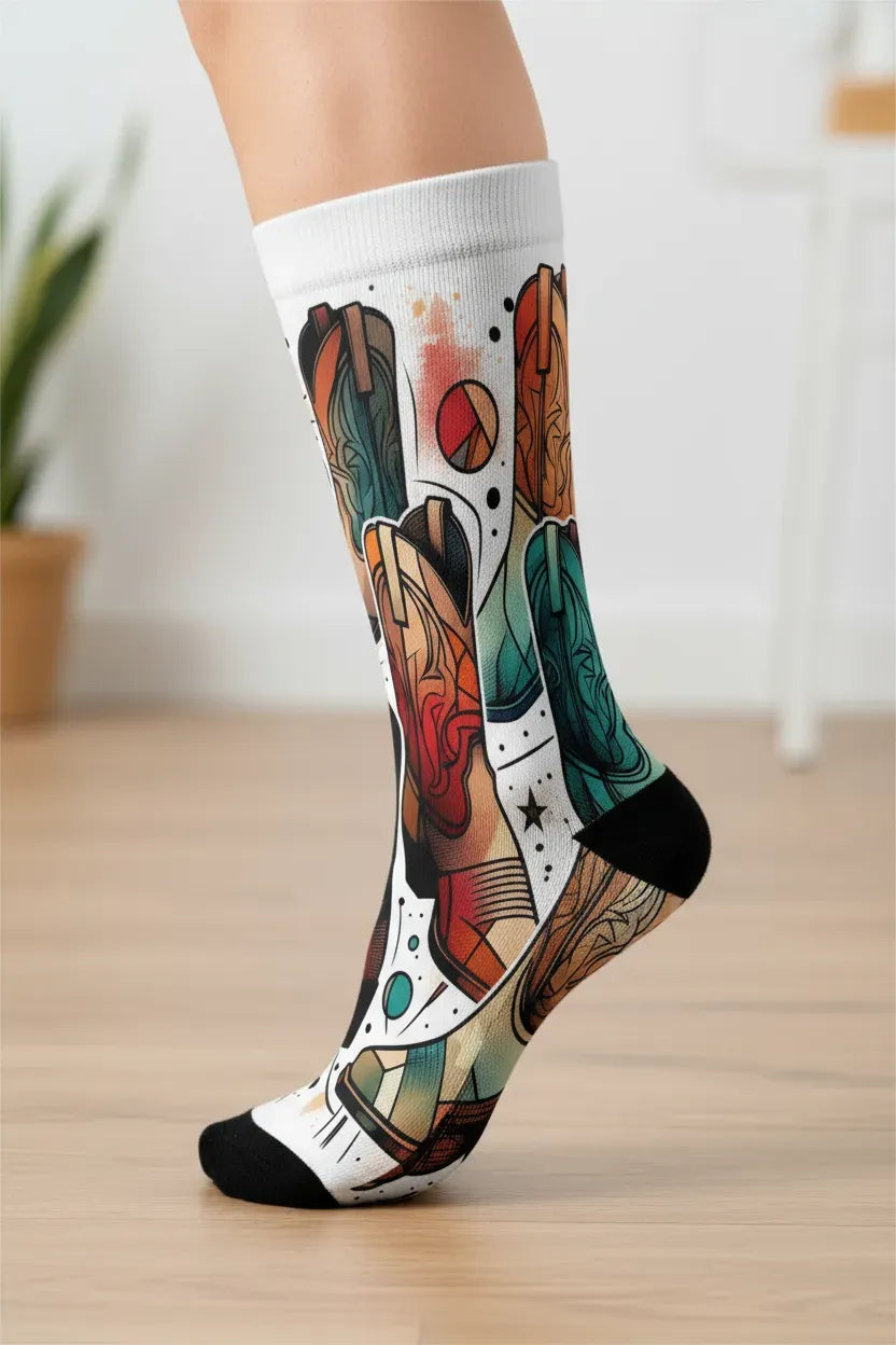 Colorful patterned socks on a wooden floor with a blurred background - Vibrant cowboy boot novelty socks for women by Zeblismapo