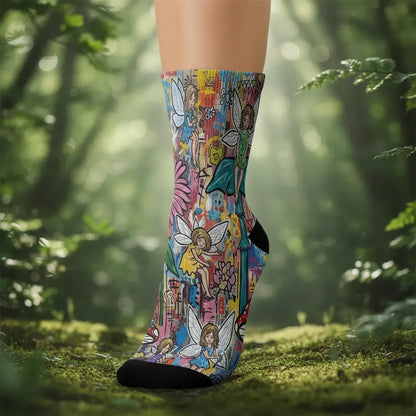 Colorful fairy-themed sock worn outdoors with a natural background - Whimsical fairy socks gift idea for women by Zeblismapo"
