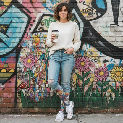 Person standing in front of a colorful graffiti wall - Whimsical fairy socks gift idea for women by Zeblismapo"