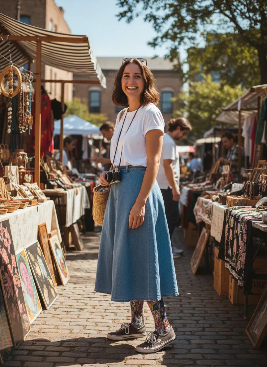Woman standing in an outdoor market with various stalls and people around. - Whimsical fairy socks gift idea for women by Zeblismapo- flea market fun