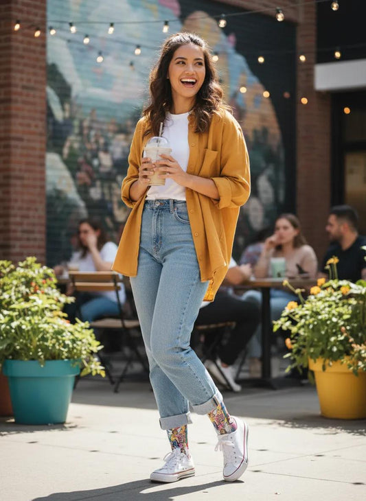 Woman in mustard jacket and jeans holding a drink, standing in an outdoor setting with plants and people in the background. - Whimsical fairy socks gift idea for women by Zeblismapo"