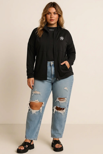 Women's black travel jacket unzipped with jeans Tiger Lily by Zeblismapo