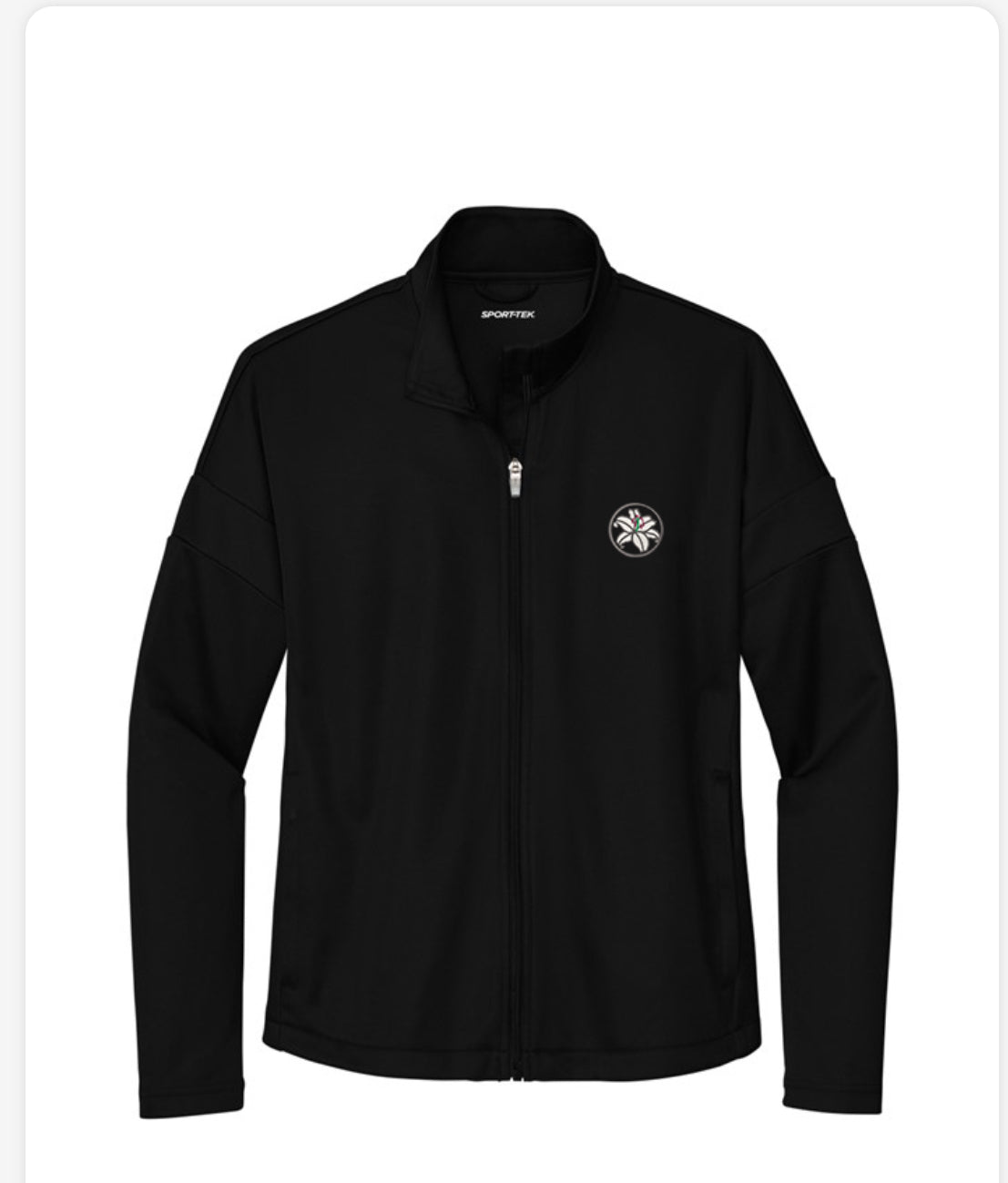 Black jacket with a logo on a white background